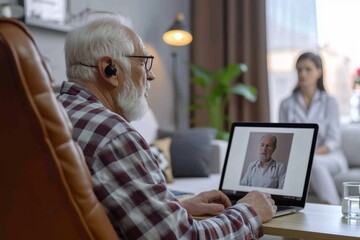 Modern elderly man engaging in a video call from his cozy home living room during the afternoon hours