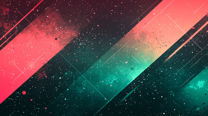 Abstract background with diagonal lines, red and green color scheme and a starry sky texture.