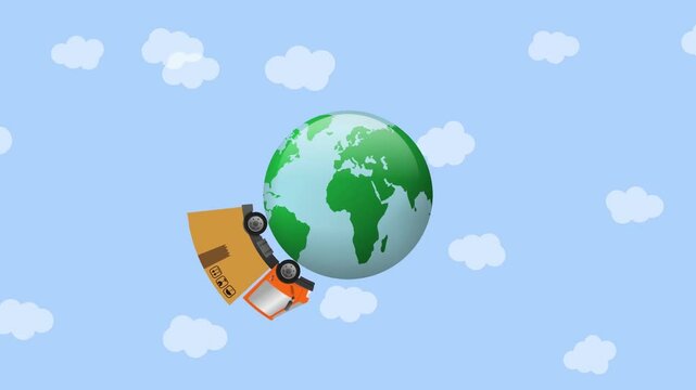 Animation Delivery van with cardboard box and globe. 4k UHD video.
