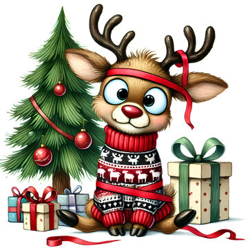 Cute Funny Reindeer With Christmas Decorations Clipart, Funny Zany Expression Reindeer Graphics for Holiday Designs