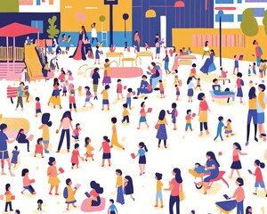 Fototapeta premium Busy playground with families and children playing. Colorful and vibrant illustration for a fun and happy atmosphere.