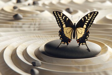 Fototapeta na wymiar Vibrant Butterfly Rests on a Stone in a Serene Garden
