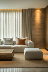 Modern living room interior featuring cozy seating and natural light in a serene environment