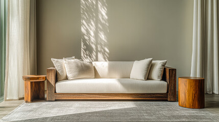 Modern living room design with a wooden couch and side tables bathed in natural light