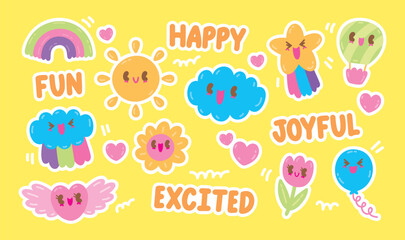 cute trendy happy fun cartoon with white outline graphic vector set for decorating your artwork