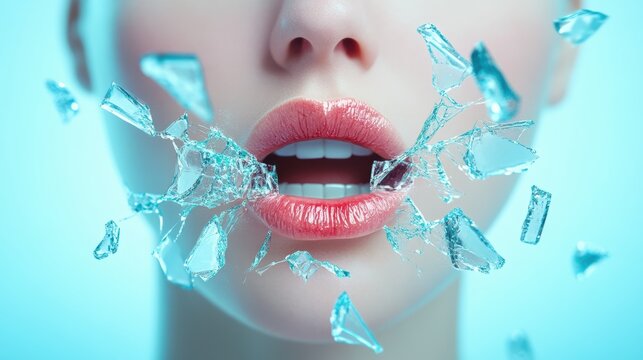 A mouth with lips made of shattered glass, symbolizing the fragility of the human psyche and the potential for self destruction.