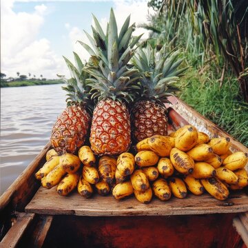 Boat carries plantains and pineapples.
