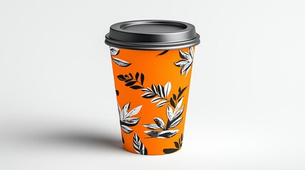 Orange Floral Coffee Cup Mockup with Black Lid