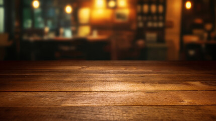 A smooth, warm restaurant background with an empty wooden tabletop, ideal for food-related designs and restaurant advertising