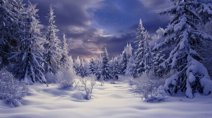 Obraz premium Snowy Tundra Landscape with Pine Trees and Twilight Sky