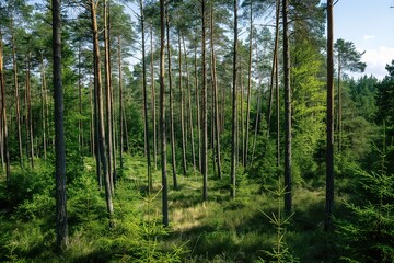 Obraz premium landscape of austria, forest in summertime, tall trees with green leaves, lush green shrubs, afternoon summer sunlight, photorealistic, OeBV
