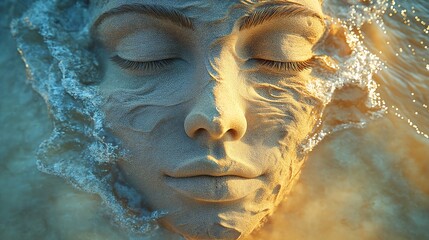 Hands sculpt the sand in the shape of a human face on the beach