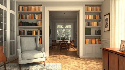 A living room with a bookshelf, an upholstered armchair, and a door leading to a dining room