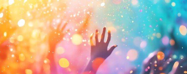 Silhouetted hand reaching up against a colorful bokeh background.