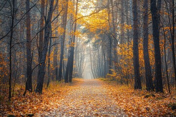 Fototapeta premium Serene Autumn Path Through a Forest of Leaves