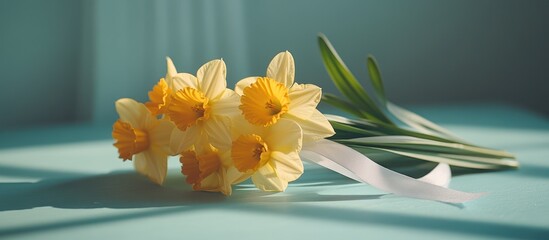A bouquet of yellow daffodils on a light blue background.