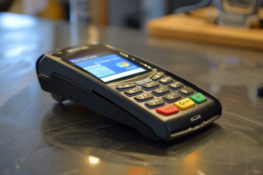 Black credit card reader sits on a checkout counter, waiting for the customer to pay for their purchase