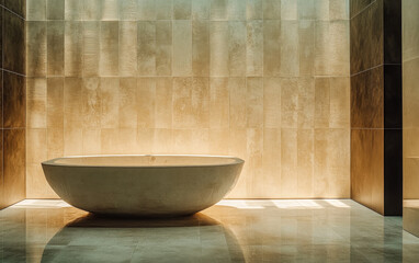Elegant freestanding bathtub illuminated by soft light in a modern bathroom setting
