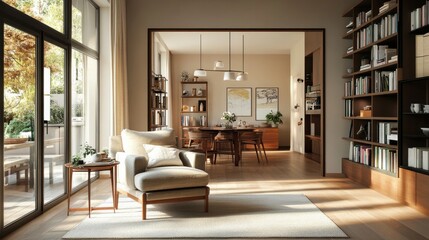 A living room with a bookshelf, an upholstered armchair, and a door leading to a dining room