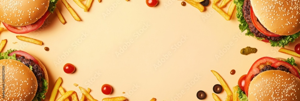 Poster vibrant burgers and crispy fries are creatively placed around an empty center, making it ideal for a