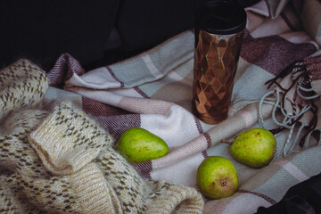 Knitted sweater, three pear fruits and thermos mug on checkered blanket in open car trunk. Autumn still life. Road trip picnic. Travel lifestyle moments. Fruits and coffee mug in trunk car.