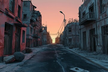 Obraz premium 3D Post Apocalyptic Streets: Ruined Urban Landscape Game Wallpaper Background