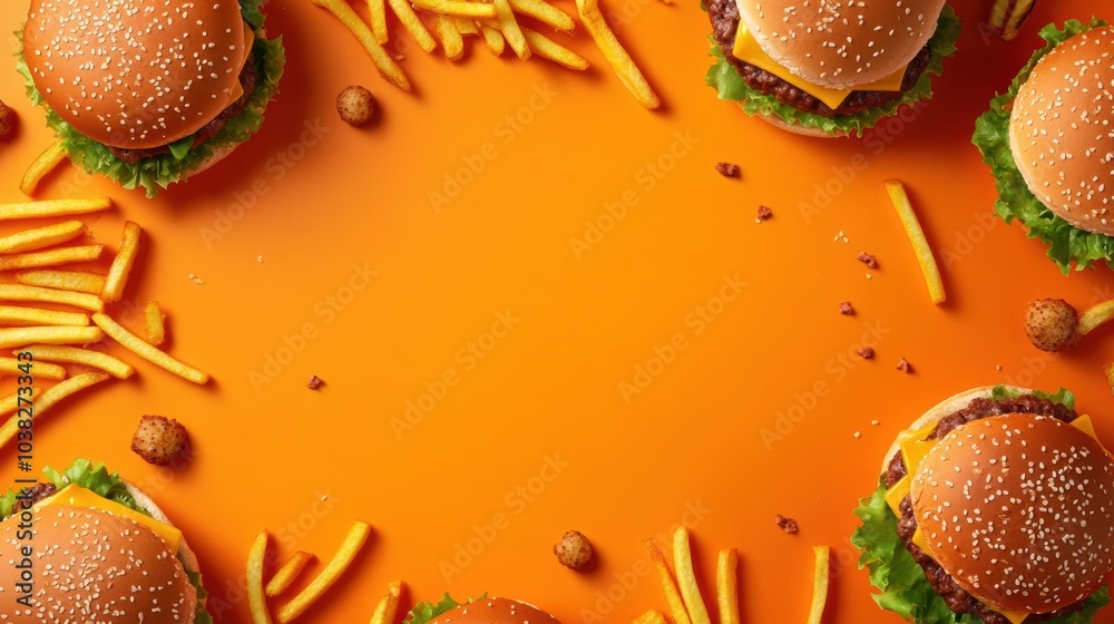 Aufkleber Brightly colored burgers and fries are arranged to create an inviting space perfect for showcasing enticing text. Generative AI