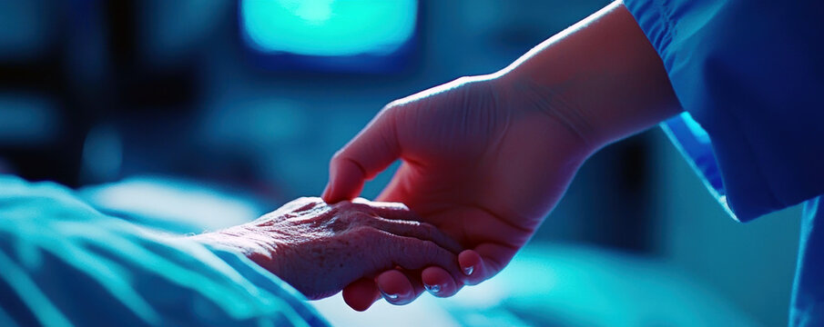 A tender moment in healthcare, showcasing a caregiver gently holding the hand of an elderly patient, embodying compassion and connection in a healing environment.
