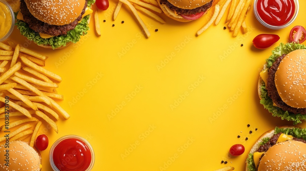 Poster colorful burgers and crispy fries are creatively arranged around a central space, ideal for adding t