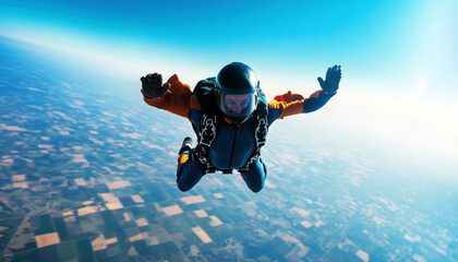 A fearless skydiver enjoys the thrill of free-fall against a breathtaking backdrop of blue skies and patchwork fields below, showcasing the exhilaration of extreme sports.
