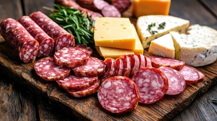 sausage and cheese slices on a board. selective focus