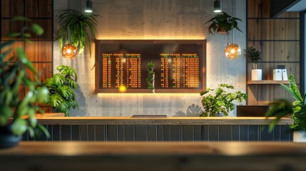 A minimalist shot of a currency exchange board displaying real-time rates, surrounded by plants and modern decor, evoking a fresh atmosphere