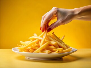 Macro Photography of a Woman's Hand Grabbing Fast Food French Fries on a Plate Against a Bright Yellow Background for Delicious Food Imagery