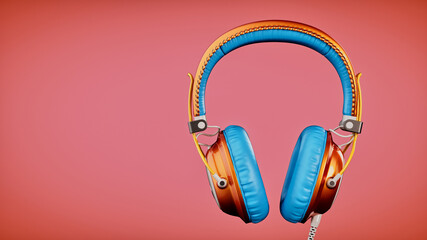 Close-up of retro-style over-ear headphones with an orange cushion and blue design, with a detached audio jack on a blue background.