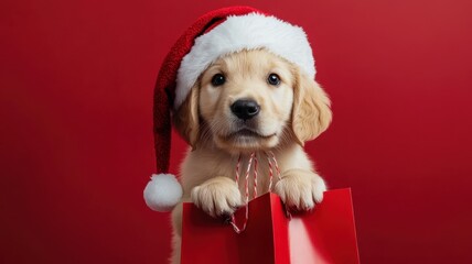 Portrait of puppy Golden Retriever dog holding a shopping bag in its mouth on studio background in christmas day,shopping bags ready for discount and winter sale at the mall,space for text.