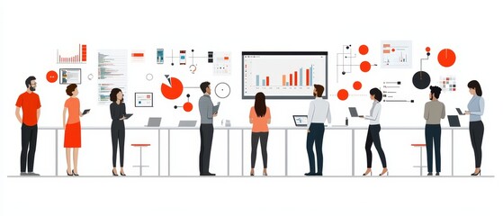 Collaborative team meeting with data visualization and analytics insights in modern office setting