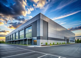 Fototapeta premium Modern Gray Industrial Warehouse Distribution Building with Parking Lot, Urban Landscape, Contemporary Architecture, Logistics Facility, Gray Exterior, Industrial Design, Distribution Center