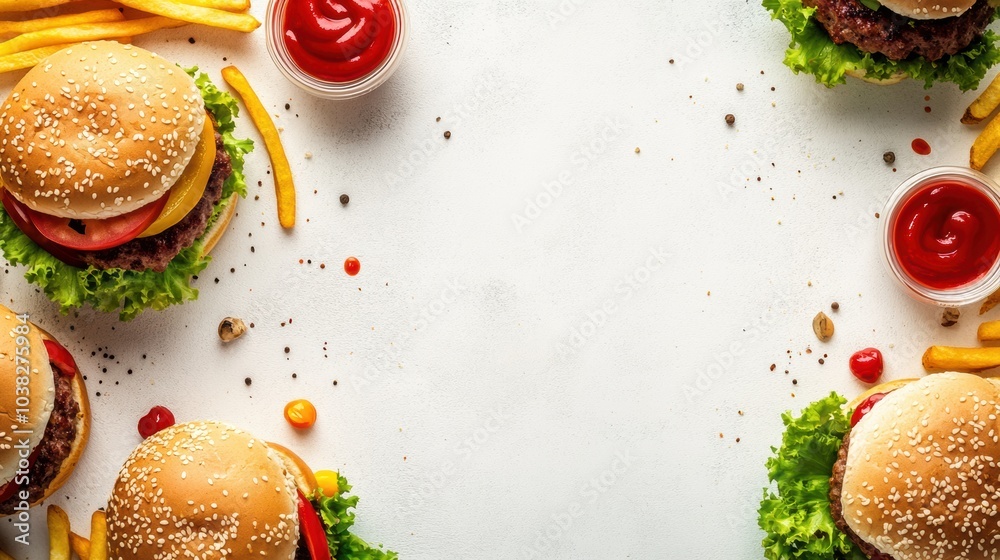 Poster colorful burgers and golden fries decorate the edges, inviting customers to read the menu text in th