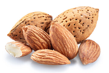 Almond nuts in shell and cracked almonds isolated on white background. File contains clipping path.