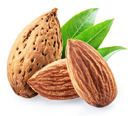 Almond nuts in shell and shelled almonds isolated on white background. File contains clipping path.