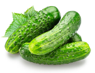 Cucumbers with green leaves isolated on white background. File contains clipping path.