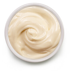 Homemade mayonnaise in white bowl on white background, top view. File contains clipping path.