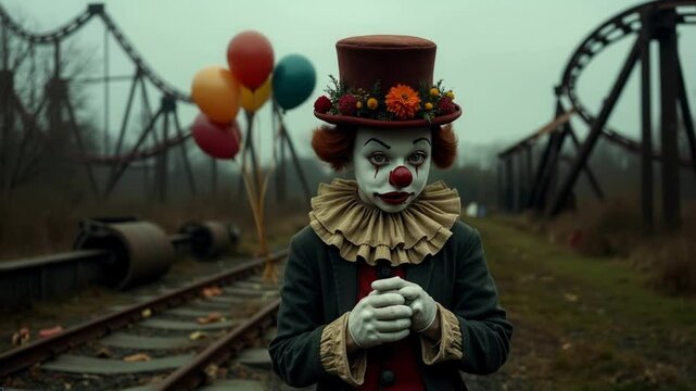 A retro-style clown with face paint and a top hat stands near colorful balloons, with a roller coaster in the background, creating an eerie yet whimsical atmosphere.