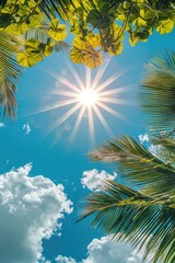 view of the sun through palm leaves. selective focus