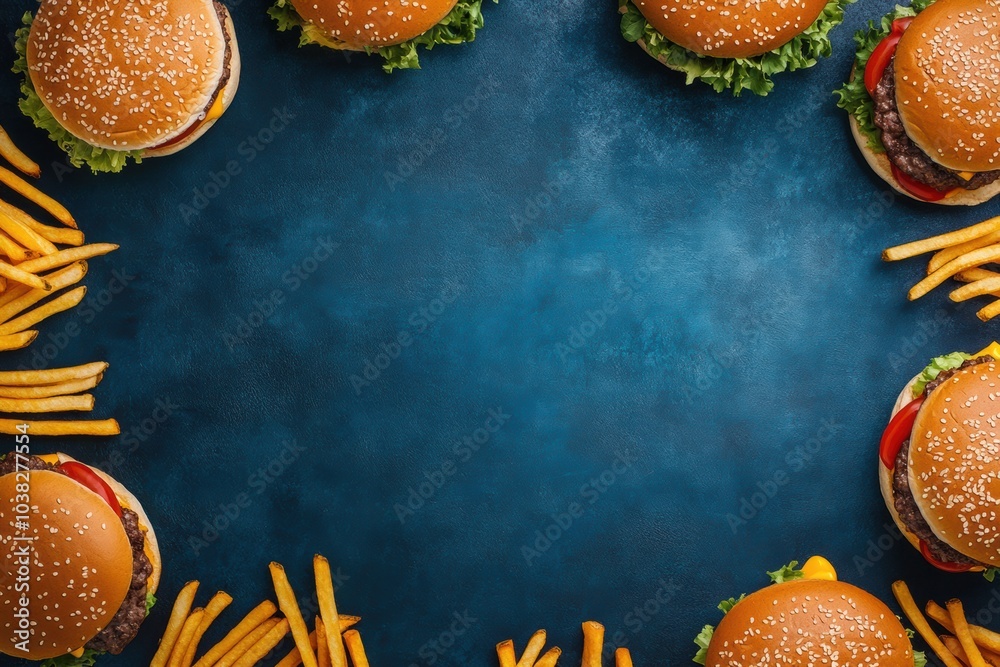 Aufkleber colorful burgers and golden fries frame a blank space, perfect for adding enticing text about a deli