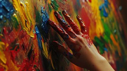 Obraz premium Close-up of a Young Artist Focused on Painting, Hands Covered in Paint