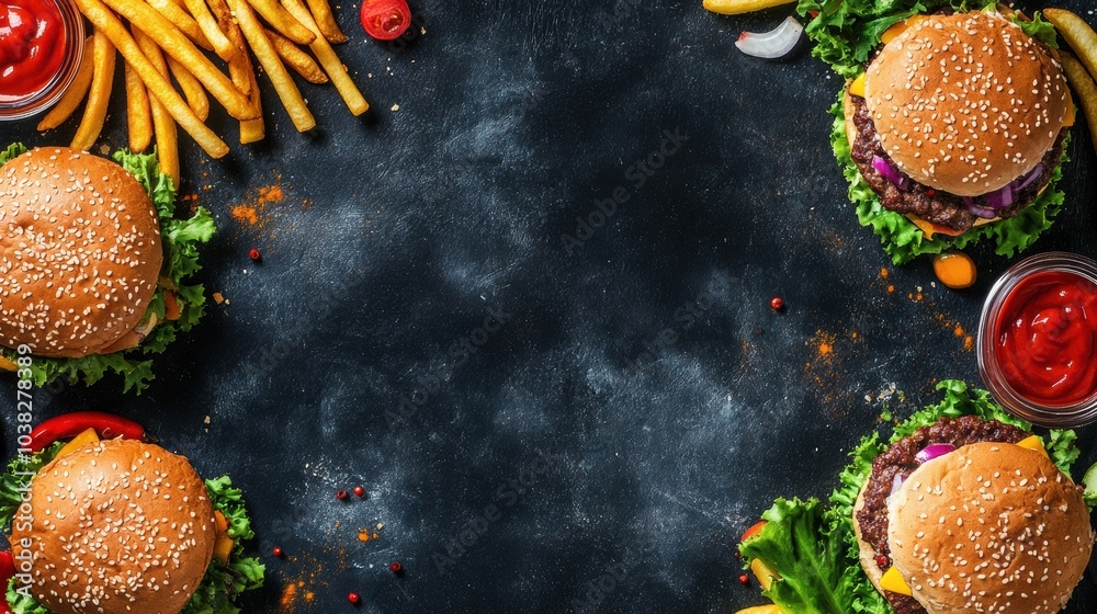 Poster Vibrant burgers and crispy fries are artistically arranged, creating space for adding custom text in a fun and inviting atmosphere. Generative AI