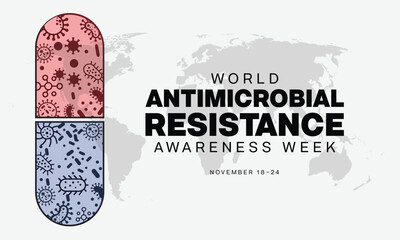 World Antimicrobial Resistance Awareness Week design. It features a pill masked with bacteria and virus. Vector illustration