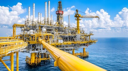 Oil Refinery Connection: A pipeline linking an offshore oil rig to an onshore refinery. The sea and sky provide a serene backdrop. 