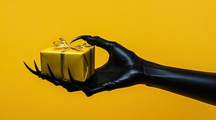A black hand with claws holds a gift yellow background
